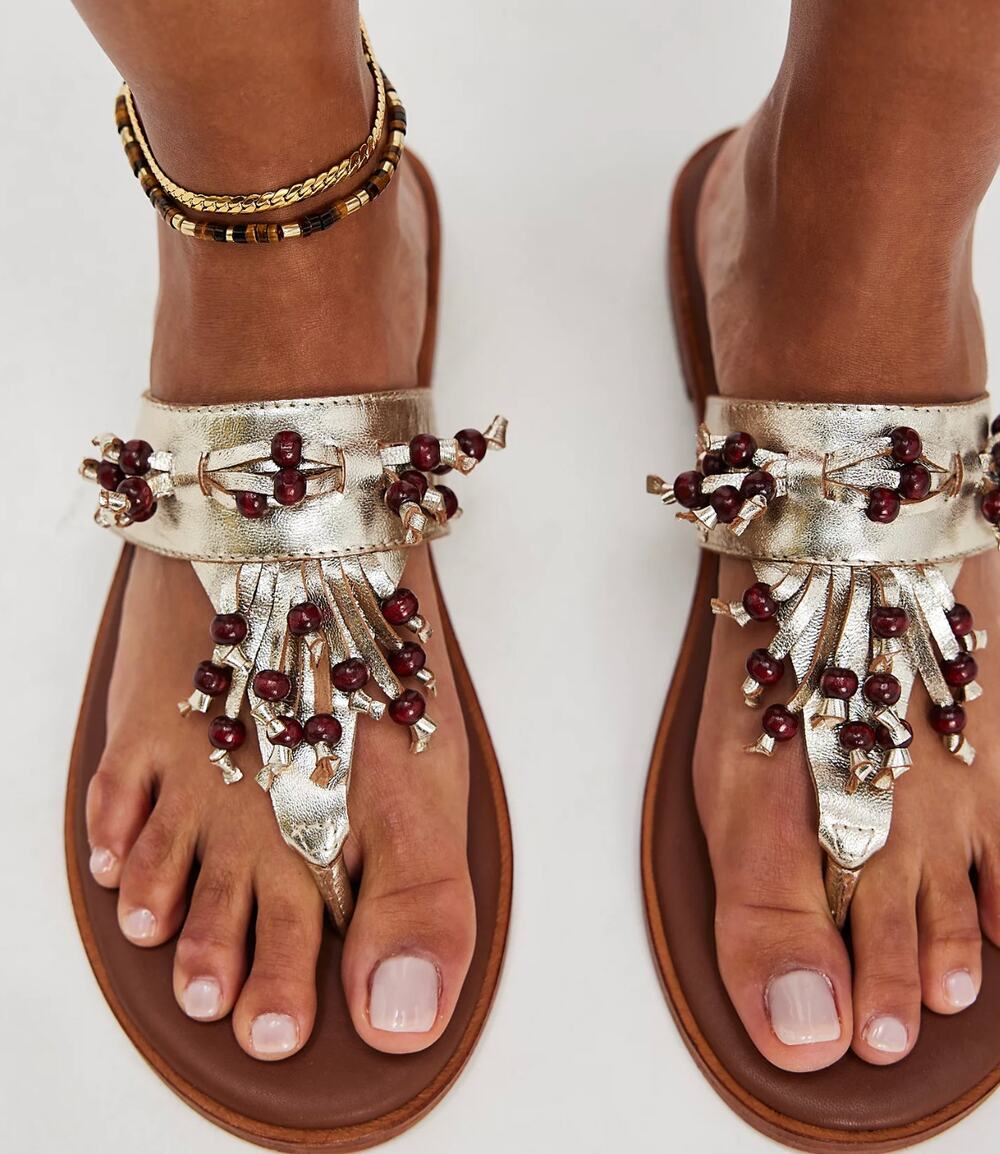 Free People Sadie Fringe Sandals Flat Metallic Gold Leather Beaded Thong 11 NEW